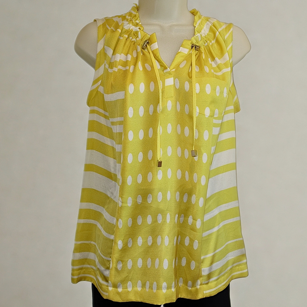 Calvin Klein Yellow White Striped Polka Dot Sleeveless Blouse XS